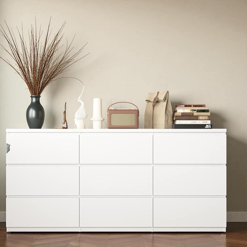 Modern 9-Drawer Dresser Wide Bedroom Cabinet Handleless Chest Wood Storage Organizer for Living Room Hallway Entryway - White