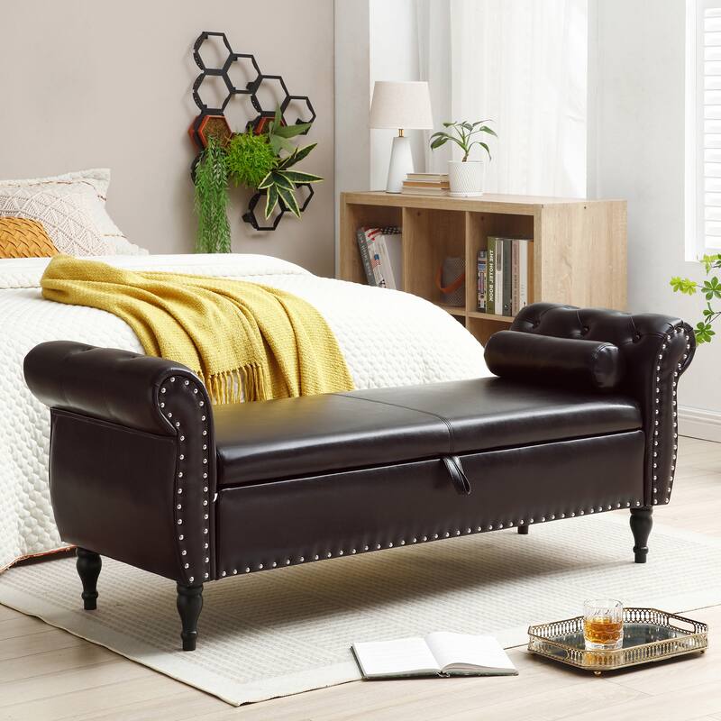 63" PU Upholstered End of Bed Bench Flip Top Entryway Ottoman with Safety Hinge Storage Rectangular Sofa Stool Buttons