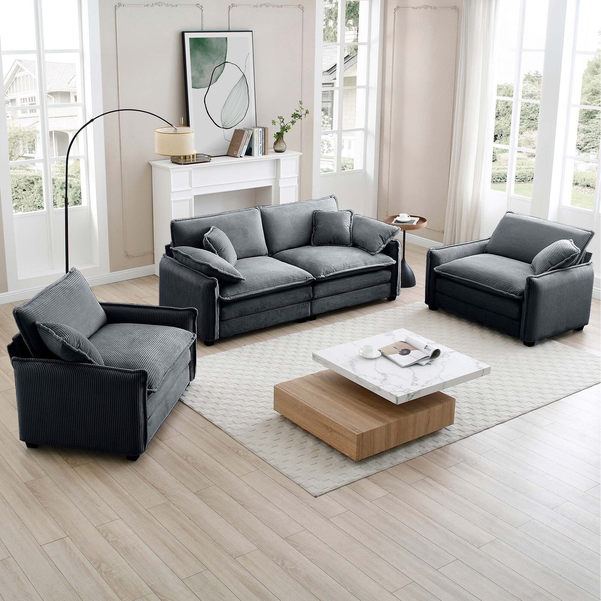 Retro Sofa Set with Corduroy Fabric - 2 Single Sofas & 2-Seater