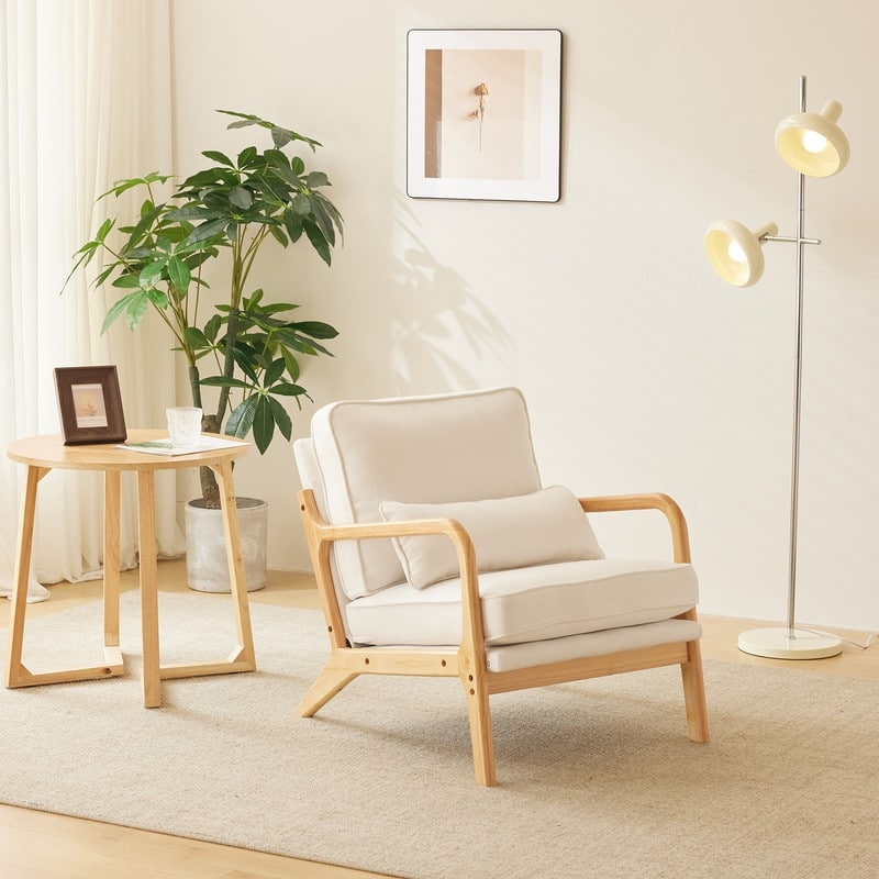 Upholstered Coarse Linen Blend Accent Chair with Wooden Legs and One Pillow