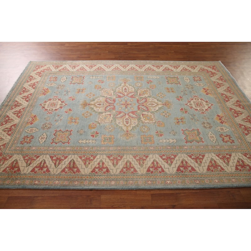 Light Blue Kazak Oriental Area Rug Handmade Wool Carpet - 6'0" x 8'9"