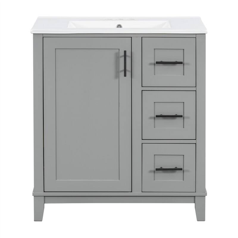 30'' Bathroom Vanity with Ceramic Sink, Freestanding Bathroom Vanity Cabinet with 3 Drawers, 1 Soft Close Door and Storage Rack