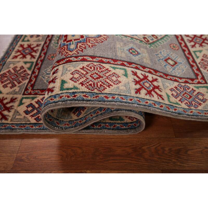 Gray Geometric Kazak Foyer Rug Hand-Knotted Wool Carpet - 3'5" x 4'11"