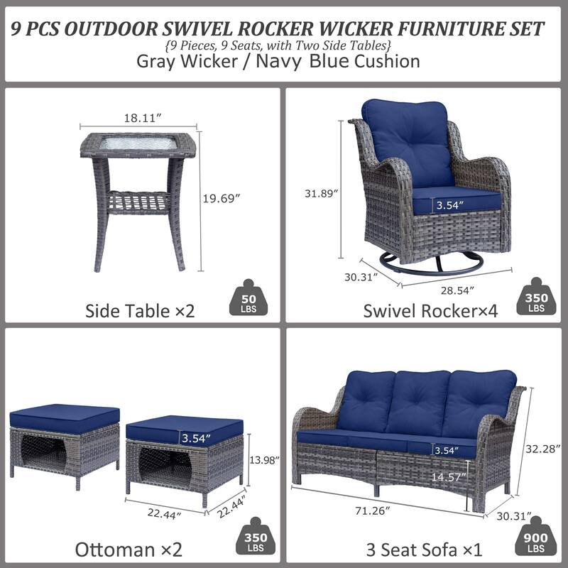 Gray Rattan Outdoor Patio Conversation Sets with Swivel Rocker Chairs