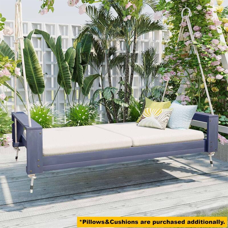 Acacia Wood Outdoor Porch Swing Bed Twin Size With Hemp Ropes