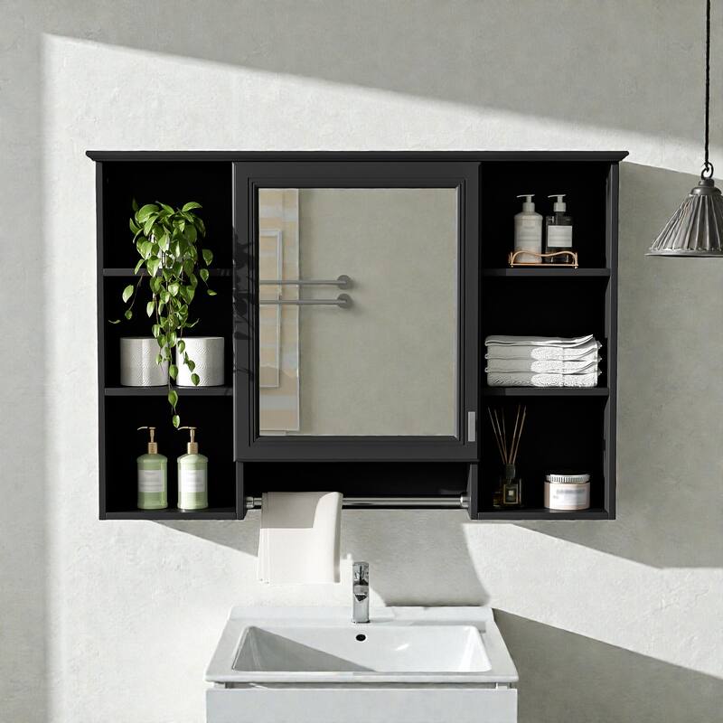 42 Inch Wall Mounted Bathroom Medicine Cabinet with Mirror, Adjustable Shelf, Soft Close Door - Black