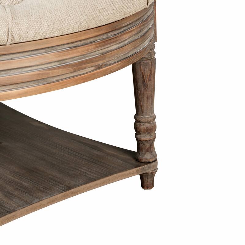Large Round Ottoman Coffee Table - 2-Tier Button-Tufted with Wooden Shelf Storage