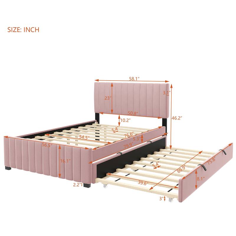 Full Size Bed Frame with Pull Out Twin Trundle Bed, Low Profile Velvet Upholstered Bed Platform Bed with Striped Headboard