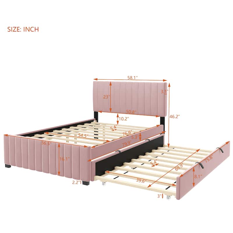 Full Size Velvet Platform Bed for up to 500lbs with Twin Size Trundle