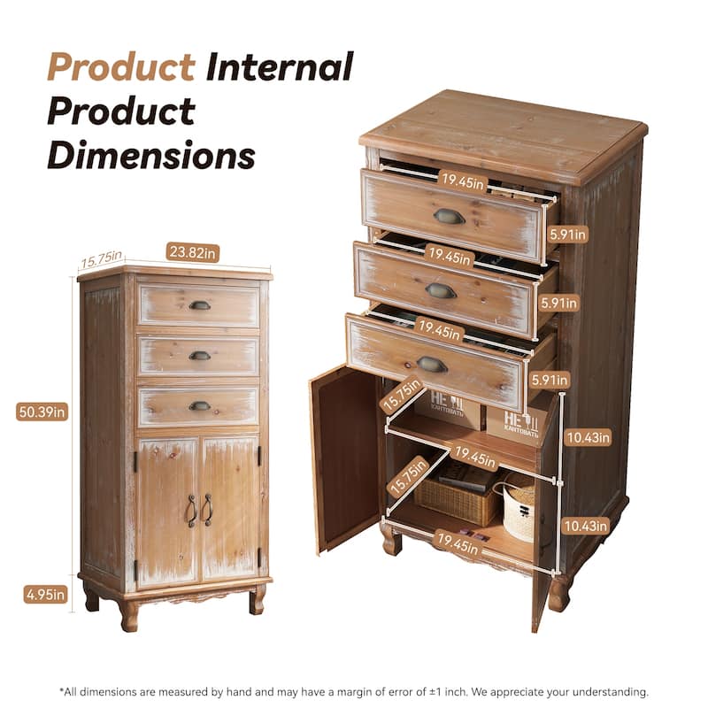 Rustic Wooden Storage Cabinet with Decorative Cutout Door & 3 Drawers, Tall Narrow Organizer for Living Room, Bedroom