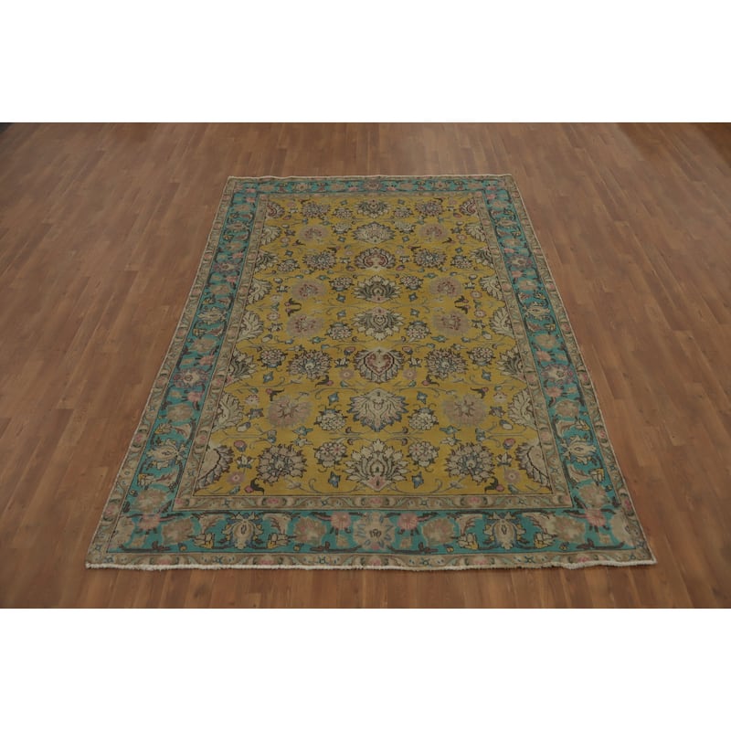 Hand Knotted Oriental 100% Wool Carpet Traditional Floral Yellow & Gold Tabriz Area Rug - 9' 0'' X 6' 4''