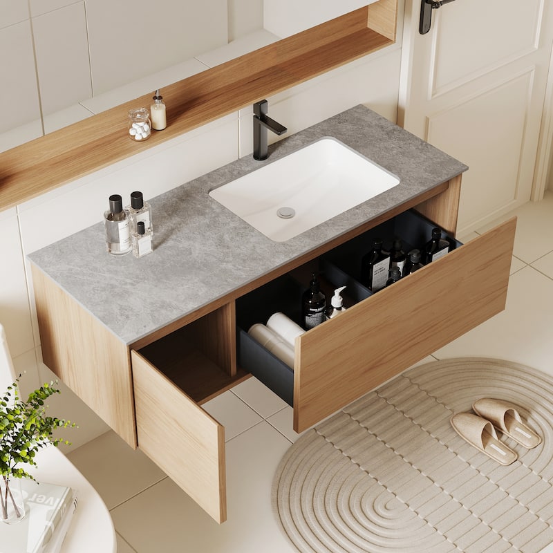 48" Single Bathroom Vanity, Modern, Gray Stone Stop, Light Solid Wood