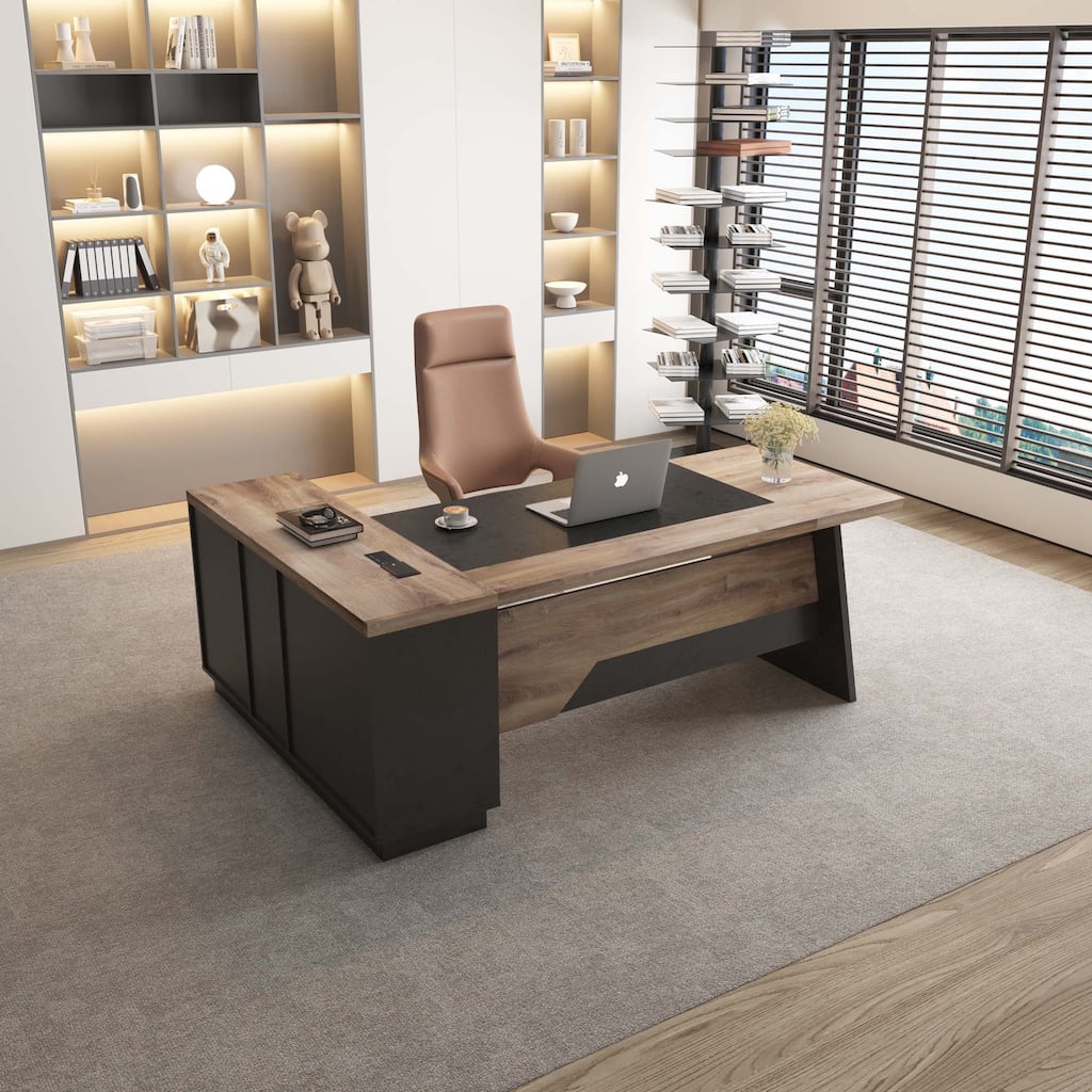 WESOME 78.74in Modern L-Shaped Executive Desk with Drawer 2-Tier Storage Shelves Cabinets