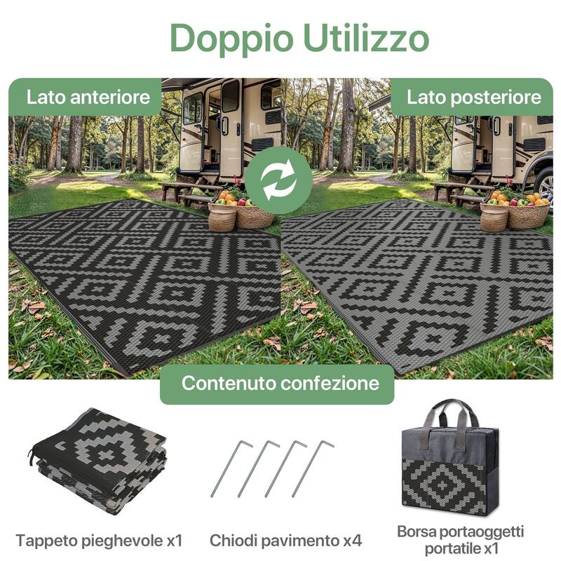 Reversible Charcoal Geometric Flat-Weave Recyclable Outdoor Rug