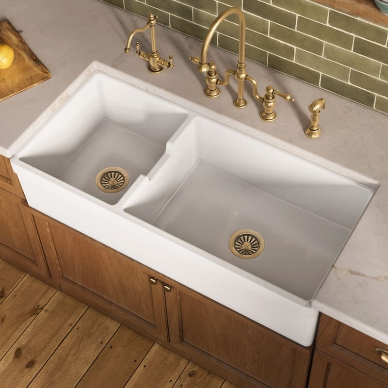 Large reversible double bowl fireclay kitchen sink