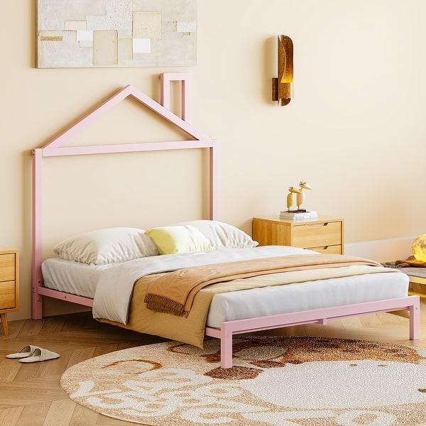 slide 2 of 27, Full Size Metal Platform Bed with House-Shaped Headboard for Kids Full - Pink