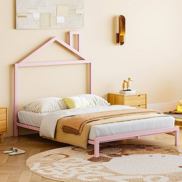 slide 2 of 9, Pink Full Size Metal Platform Bed with House-Shaped Headboard Full - Pink