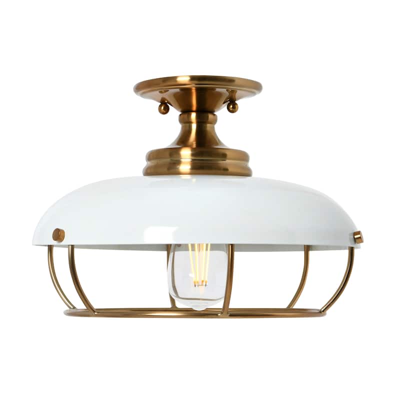 Robert Stevenson Lighting Presley - Semi-Flush Mount Ceiling Light - 13.0"L x 13.0"W x 9.0"H - Brushed Brass and White