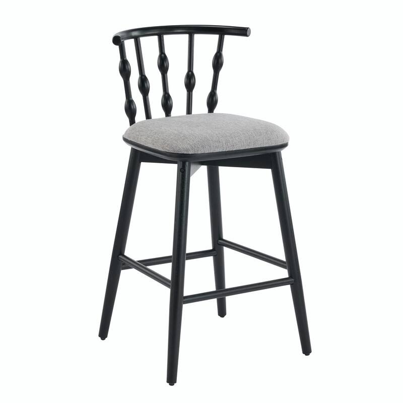 Doria Indoor Wooden Bar Stools with Gray Upholstery and Black Finish, Set of 2
