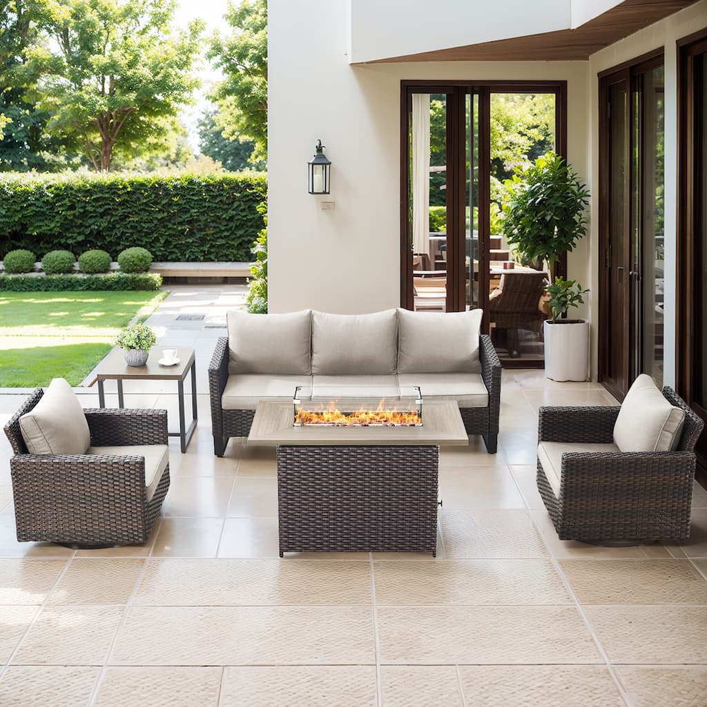 Outdoor Sofa Glider Chairs & Fire Table Brwon-Beige - Brown
