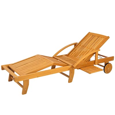 Teak Acacia Wood Folding Lounge Chair with Adjustable Backrest Pull Outside Table and Wheels for Patio Garden and Poolside