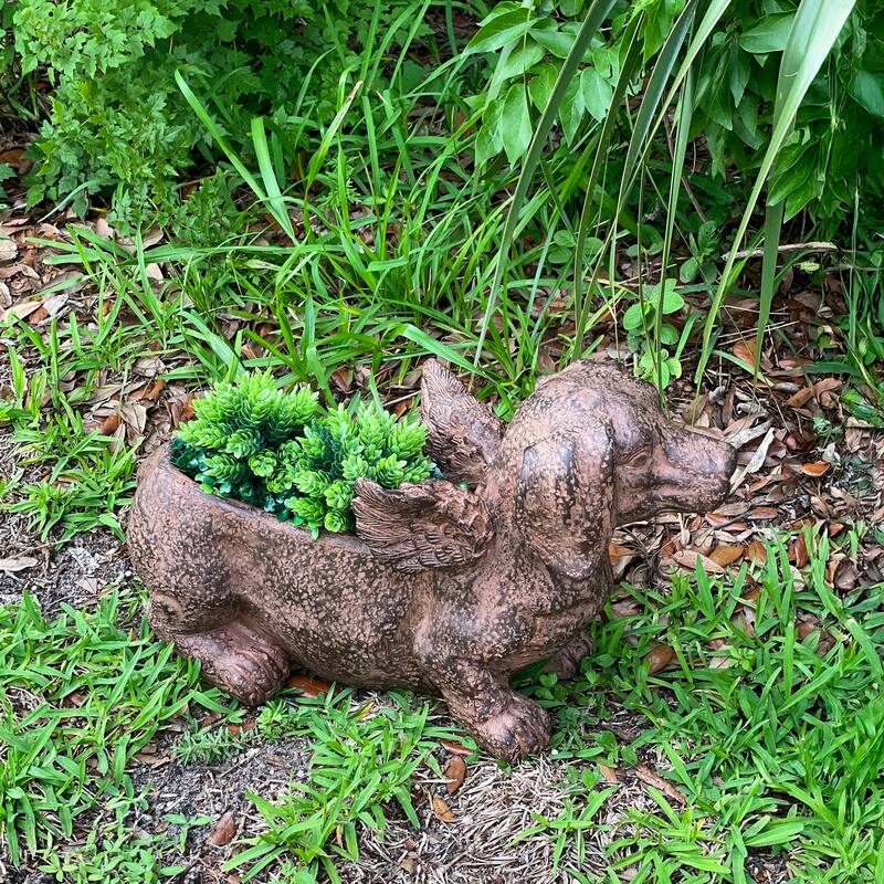 Flying Wiener Dog Planter 18" Brown, With Drain Hole, Rustic Garden - 11 X 18 X 7 inches