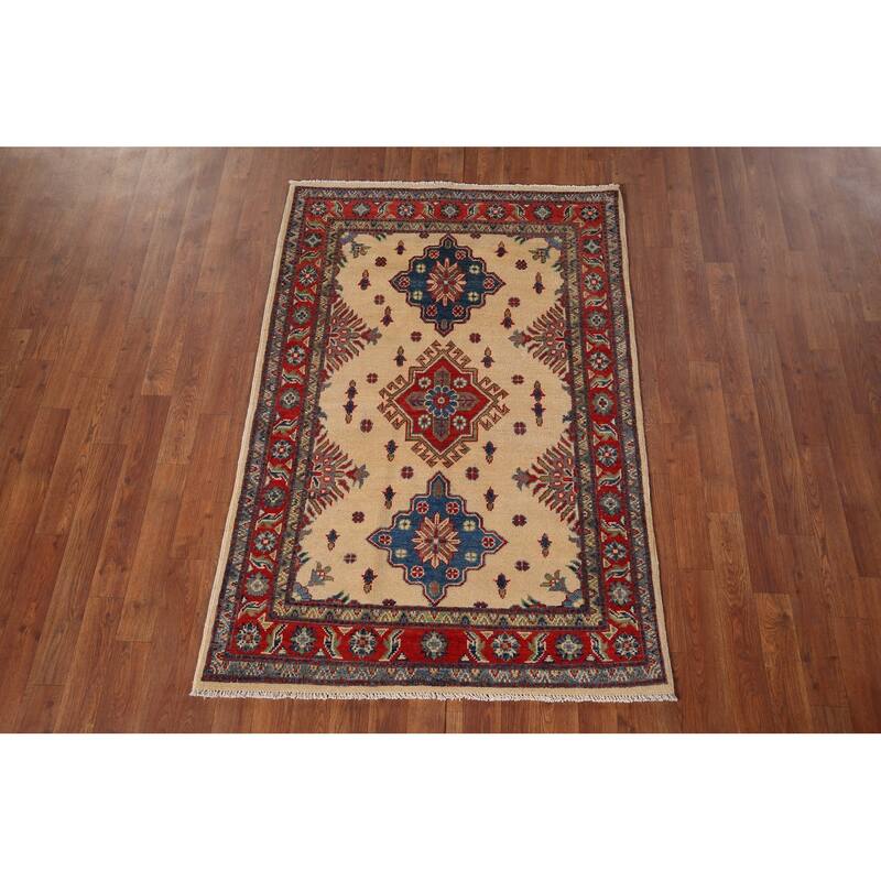 Kazak Accent Rug Handmade Geometric Beige Wool Carpet - 3'5" x 5'0"