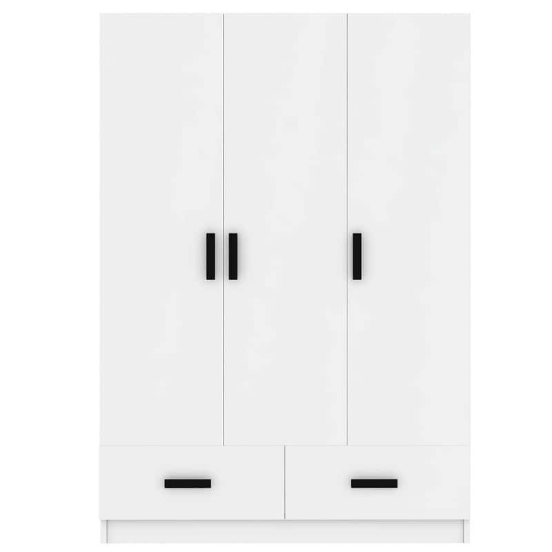 3 Door Bedroom Wardrobe Armoire with 2 Storage Drawers and Hanging Rod, Solid Wood Closet with Storage Shelves