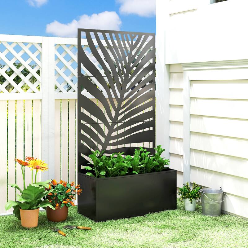 Outsunny Metal Planter Box with Trellis, 71" Tall Raised Garden Bed with Trellis Privacy Screen for Climbing Plants