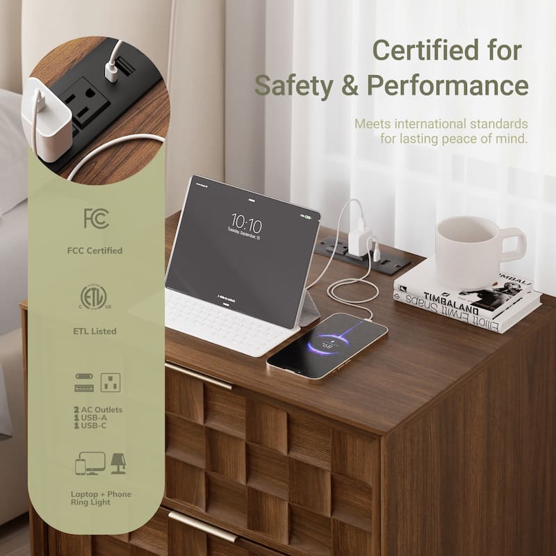 22" Modern Nightstand with Charging Station & 2 Drawers - Compact Bedroom Side Table​