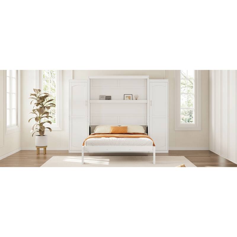 Full Size Foldable Murphy Bed with 2 Wardrobes and Storage Shelf, Space-Saving Platform Bedframe for Guest Room, White