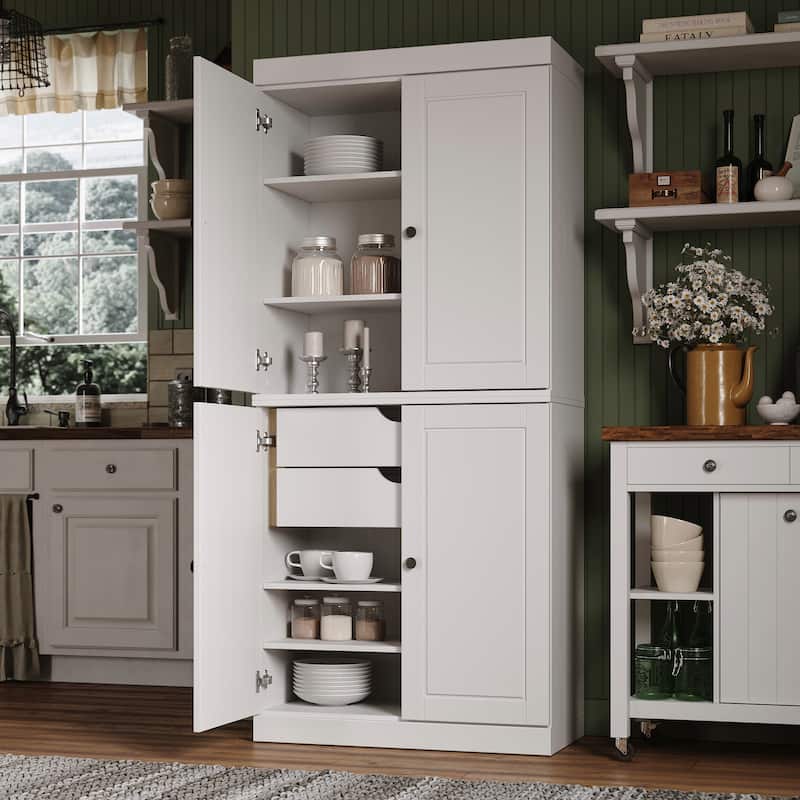 Solid Wood Tall Freestanding Kitchen Pantry Cabinet with Doors & 2 Drawers, Adjustable Shelves, Modular Storage, 32" W x 71.5" H - White