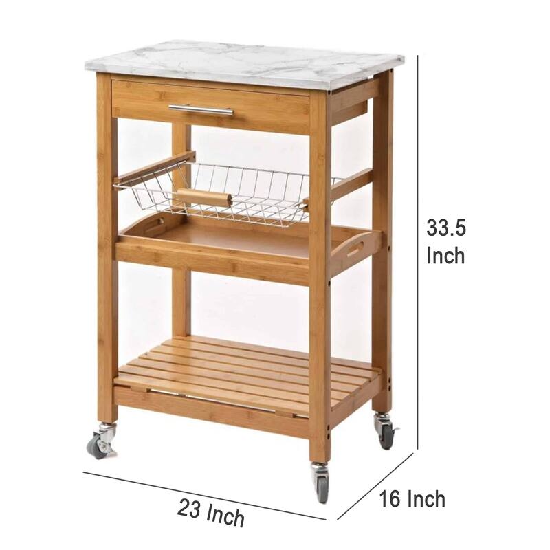 Jude Rolling Kitchen Bar Cart, 2 Shelves, Faux Marble, Brown Bamboo