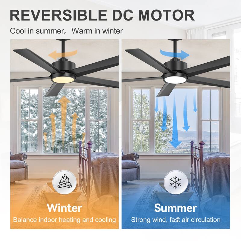 52"/ 65"/72" Black LED Ceiling Fan with Light Kit and Remote(5/8 Blade)
