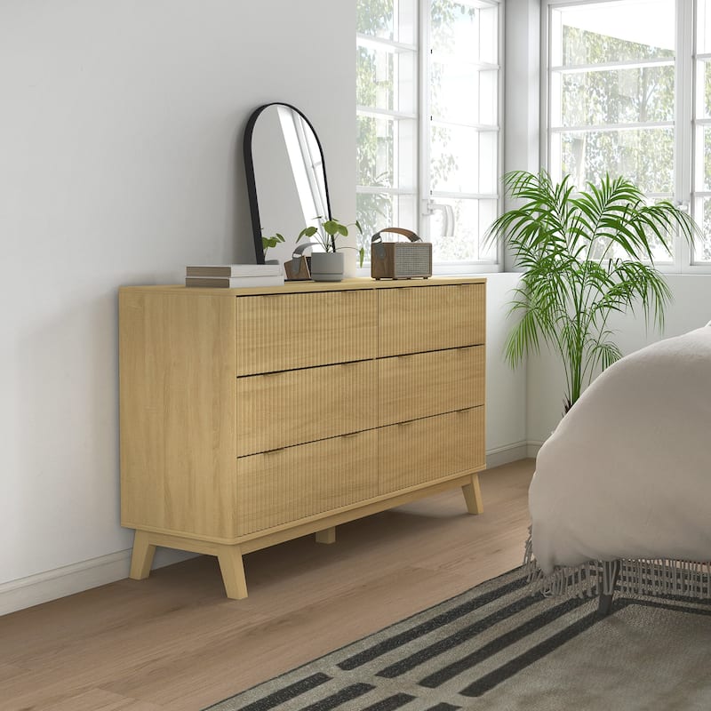 HOMCOM Fluted Dresser for Bedroom with 6 Drawers, 54" Wide Chest of Drawers with Gold Finger Pulls and 5 Wood Legs
