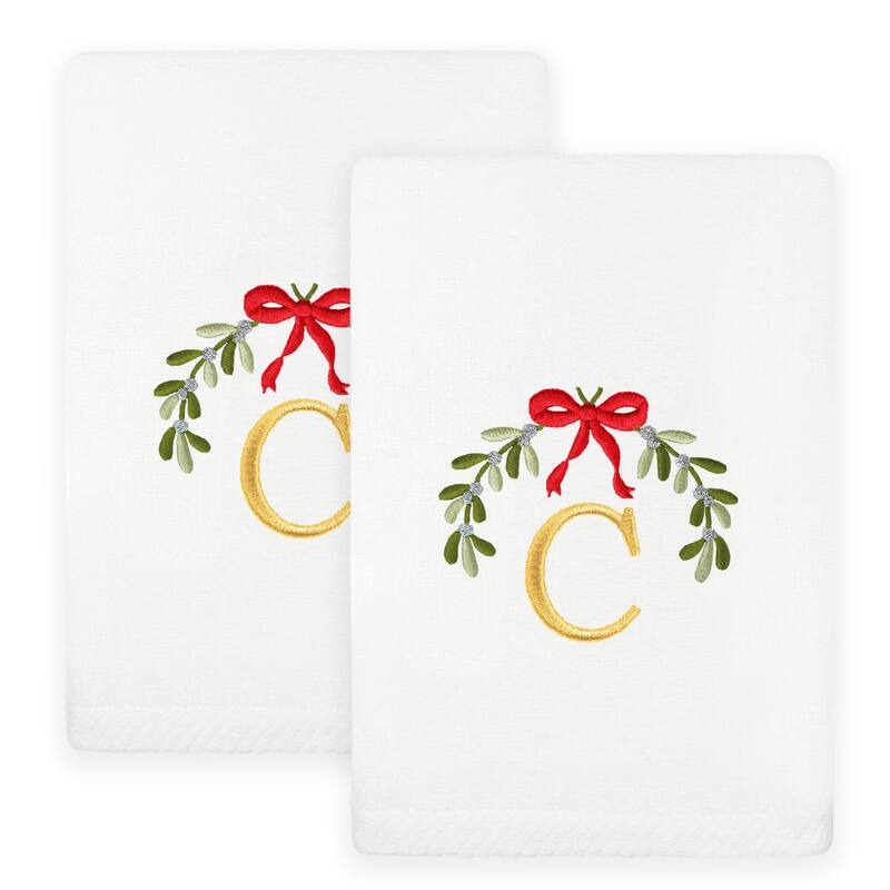 Authentic Hotel and Spa Christmas MISTLETOE MONOGRAM Embroidered Luxury 100% Turkish Cotton Hand Towels Set of 2 - C