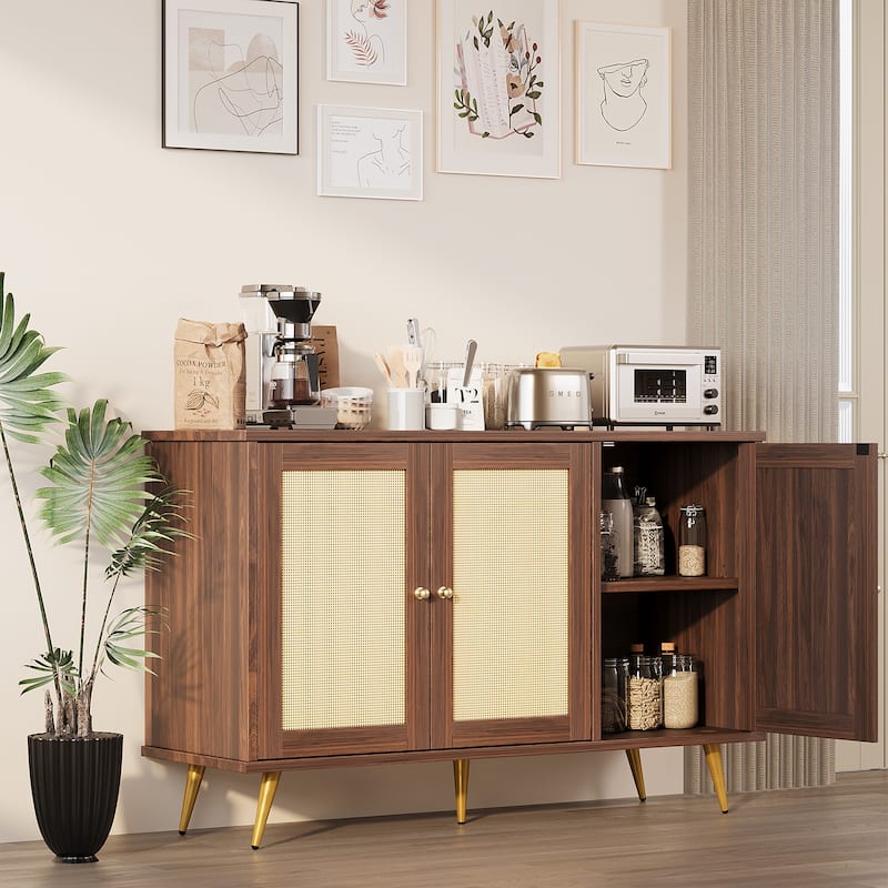 Rattan Storage Cabinet With 3 Door, Farmhouse Style Buffet Sideboard - N/A