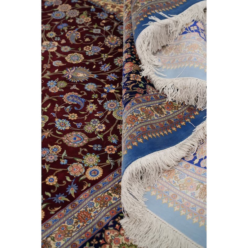 Hand Knotted Oriental 100% Silk Carpet Traditional Floral Red Qum Area Rug - 13' 2'' X 9' 7''