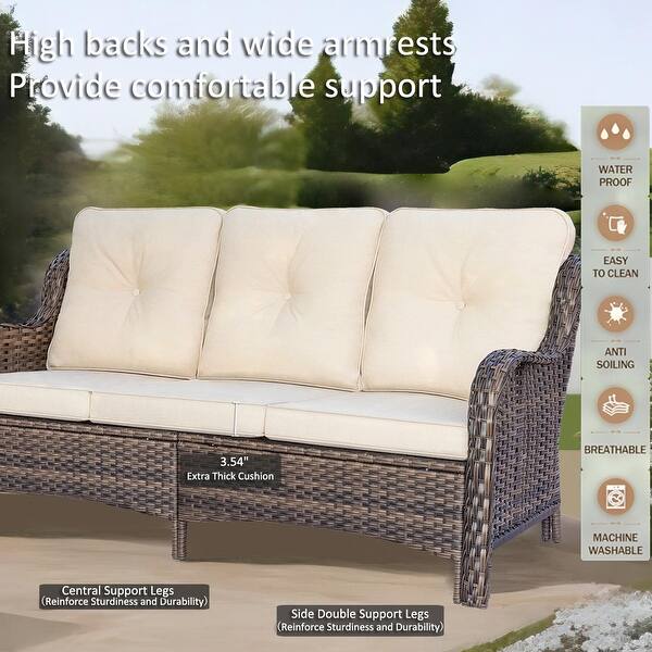 dimension image slide 1 of 4, High Back Brown Wicker Outdoor Patio Conversation Sets with Swivel Chairs