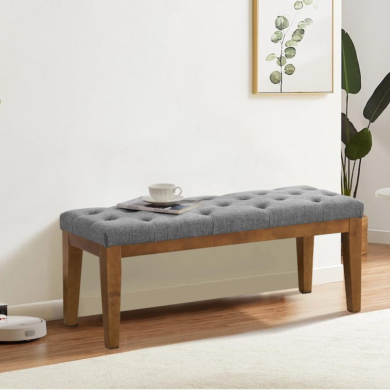 Button-Tufted Bench for End of Bed, Entryway Bench Beige/ Black/ Brown Solid Wood, Leather, Fabric 44-inch
