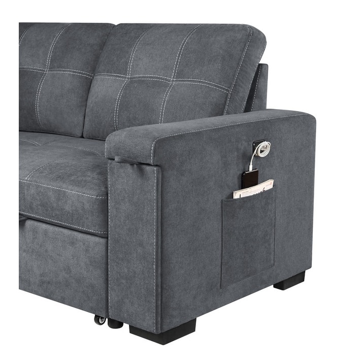 Toby 95-inch Gray Reversible Sleeper Sectional Sofa with Storage Chaise, Cup Holder and USB Ports - 95"W x 62"D x 36.5"H