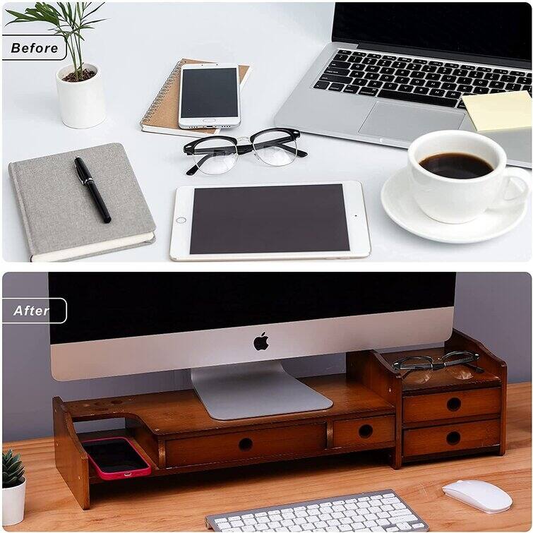 Wood Computer Monitor Stand Desktop Organizer with Drawer