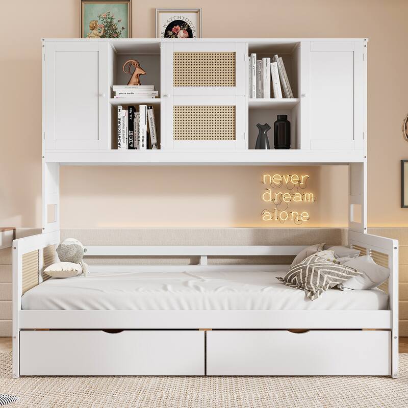 L-Shape Twin Size Daybed with Storage Cabinet and 2 Drawers, Bedroom Storage Bed Frame with Bookshelf, Wood Slats Support - White