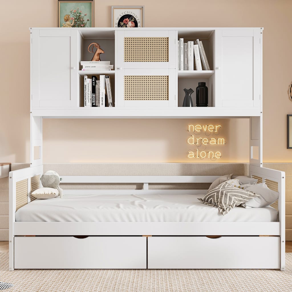 L-Shape Twin Size Daybed with Storage Cabinet and 2 Drawers, Bedroom Storage Bed Frame with Bookshelf, Wood Slats Support