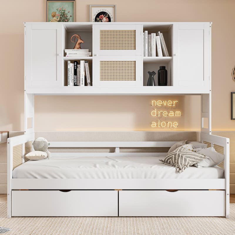 Twin Size Wooden Daybed with 2 Drawers and Built-in Cabinet, Modern Design and Flexible Storage, Sofa Bed Frame for Bedroom