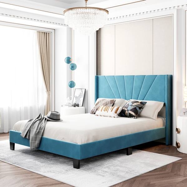 slide 2 of 28, Queen Size Velvet Upholstered Platform Bed, Box Spring Needed Blue