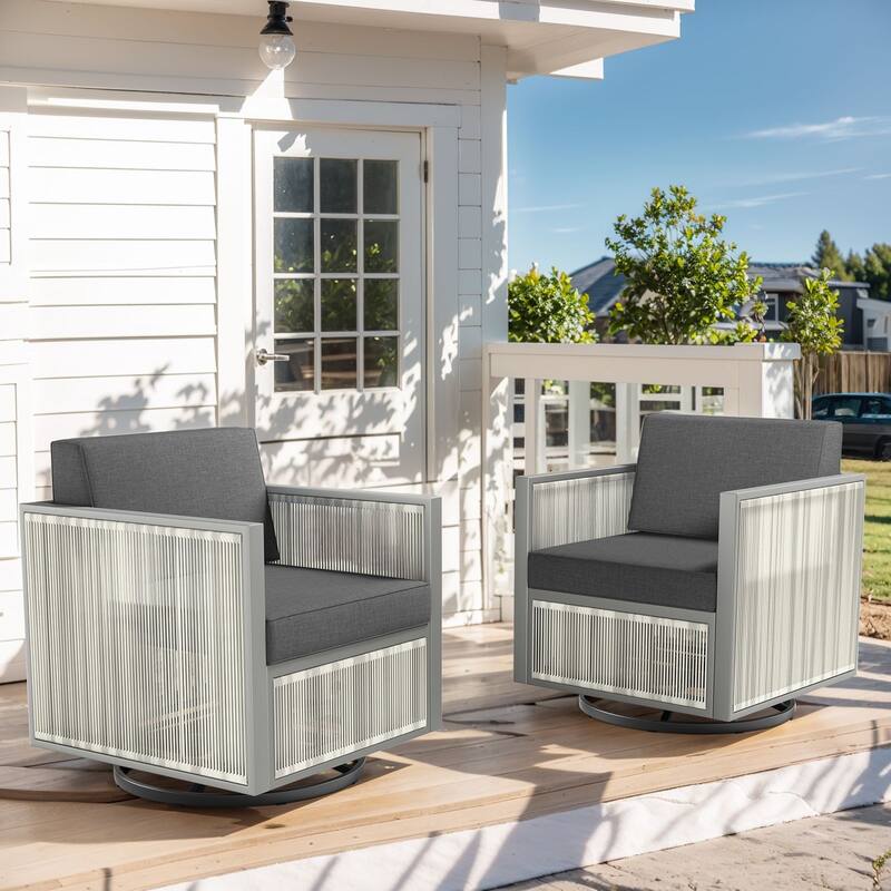 Pocassy Outdoor PE Wicker Funiture Set - Dark Grey Cushion - 2PCS Swivel Chairs with Cushion