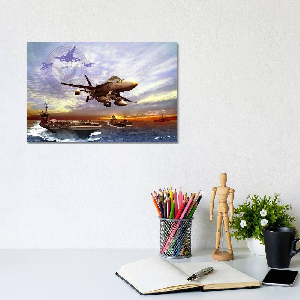 iCanvas "F/A-18 Hornet Taking Off From A US Navy Aircraft Carrier" by Kurt Miller Canvas Print