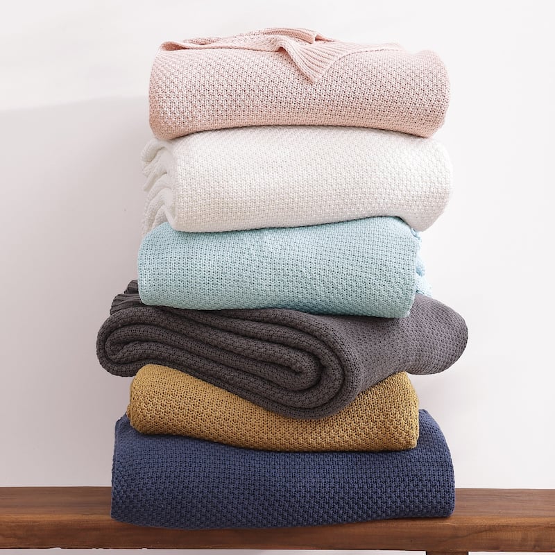 HiEnd Accents 100% Cotton Knit with Ribbed Trim Throw Blanket, 1PC