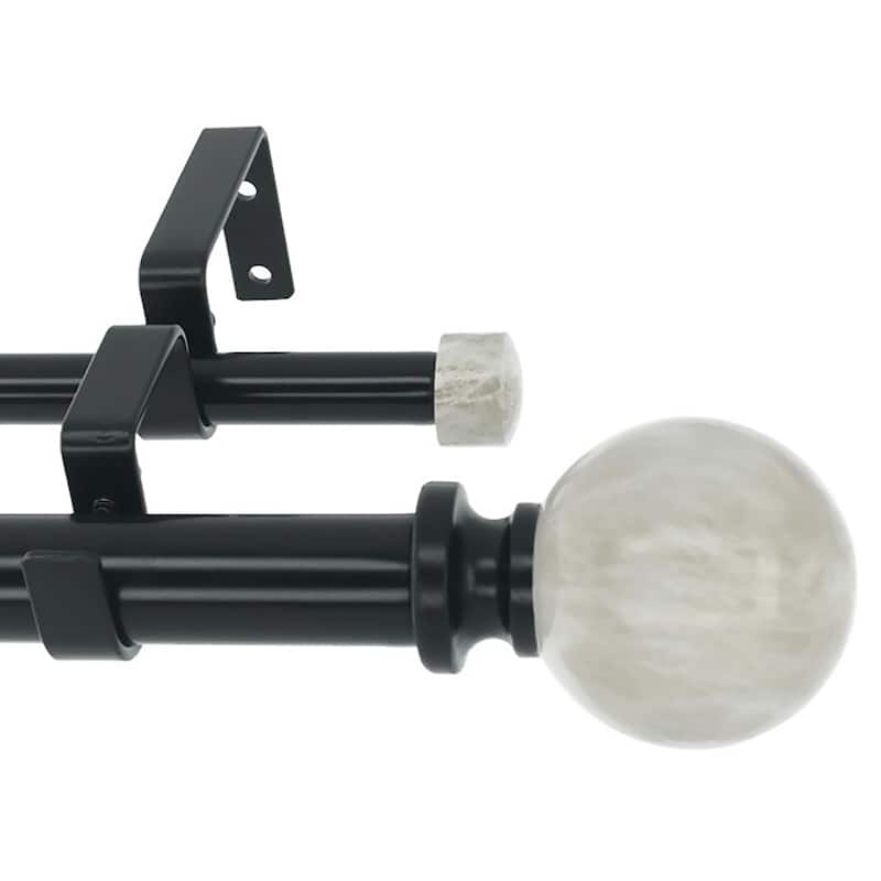 Meriville 1-Inch Diameter Double Window Curtain Rod, Spanish White Marble Ball Finial - Black - 48"-84"